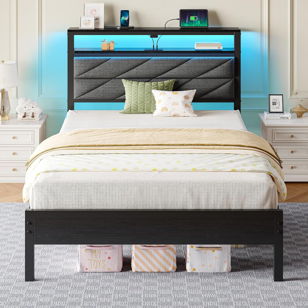 Bed Frame Full with Charging Station, LED Bed with Upholstered Storage Headboard