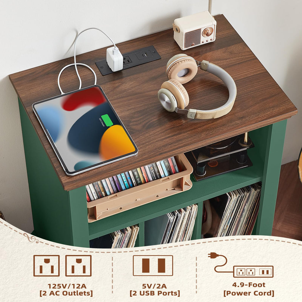 24" Wide Record Player Stand with Charging Station, Green