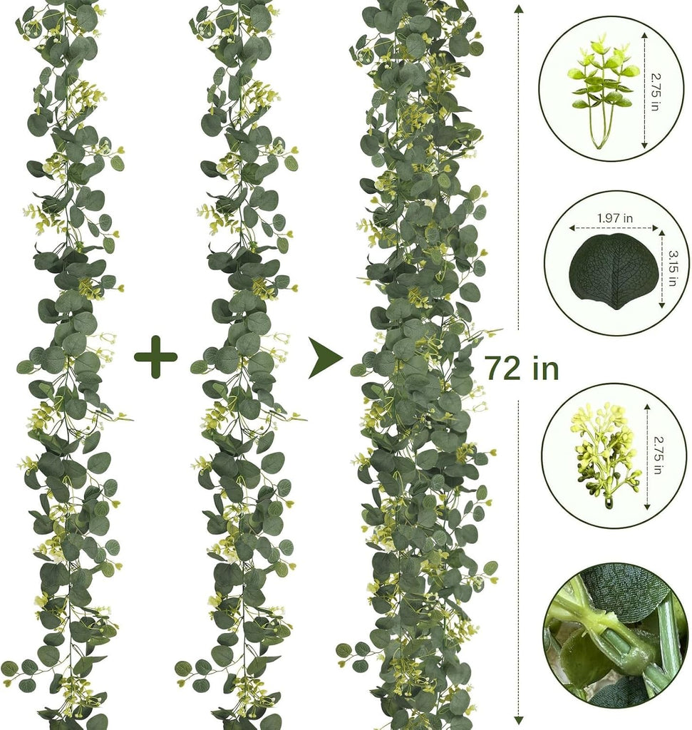 Eucalyptus Garland, 6FT Green Garland with Flowers, Artificial Faux Greenery Vines for Wedding Party Table - Set of 4
