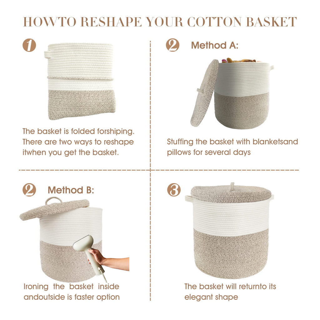 Large Storage Basket with Lid 60L, 16"Wx18"H Woven Laundry Hamper Basket with Handle, Room Decor Cotton Rope Wicker