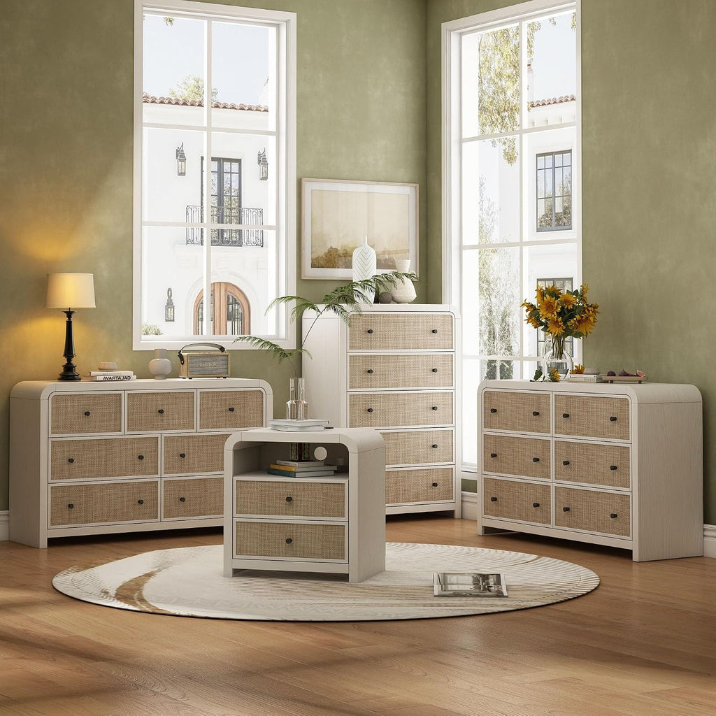 5 Drawer Tall Dresser , 47'' Rattan Dresser with Ample Storage, Boho Chest of Drawers, Thickened Curved Profile