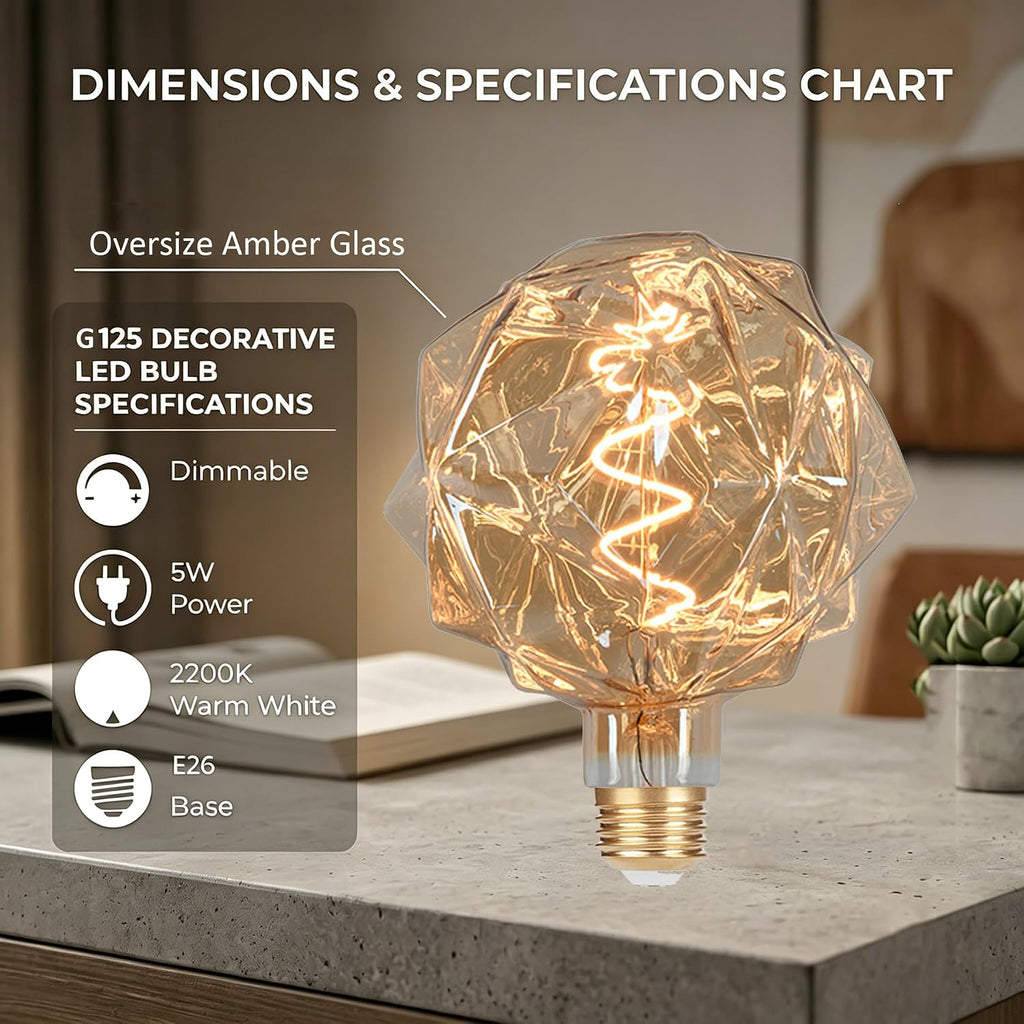 G125 Large Decorative LED Edison Light Bulb,5W Irregular Amber Glass, E26