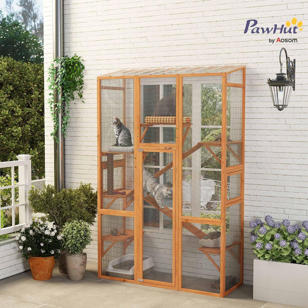 Outdoor Catio Cat Enclosure Large Wooden Cat House, 99" H Orange