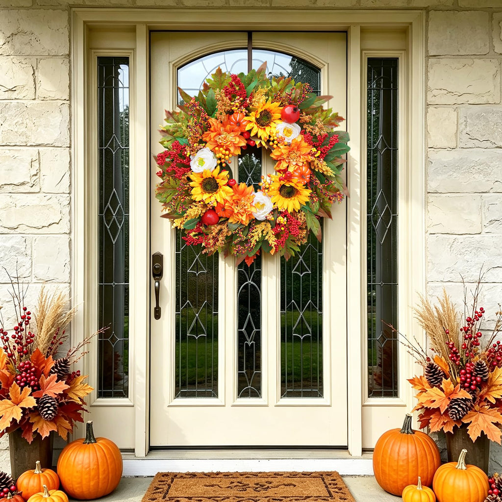 Fall Wreaths for Front Door, 24 Inch Autumn Wreath Luxury Harvest and Thanksgiving Indoor & Outdoor, Fall Door Wreath