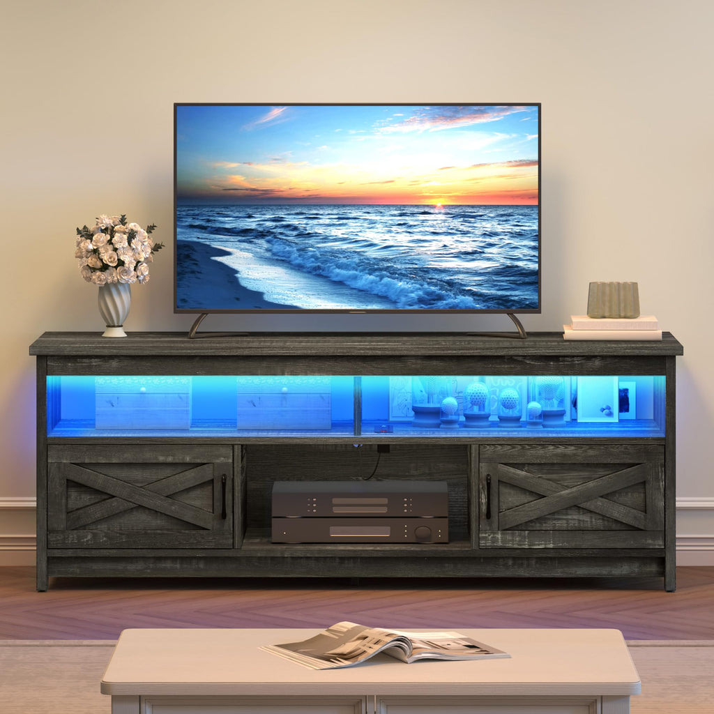Farmhouse TV Stand with Power Outlet for 75 Inch TV, Dark Rustic Oak