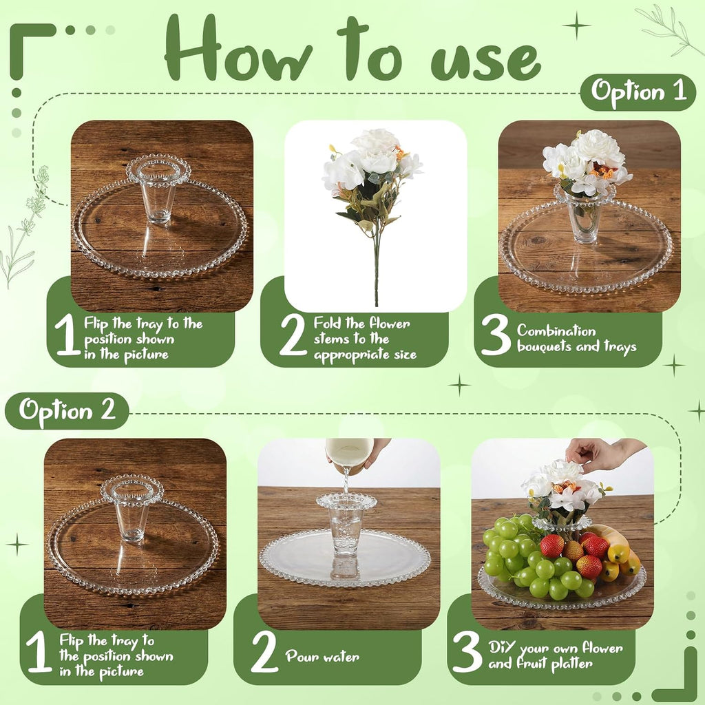 2-in-1 Glass Fruit Flower Vase 12.2 Inch Cupcake Stand Clear Pedestal Vase with White Bouquet Reversible Decorative