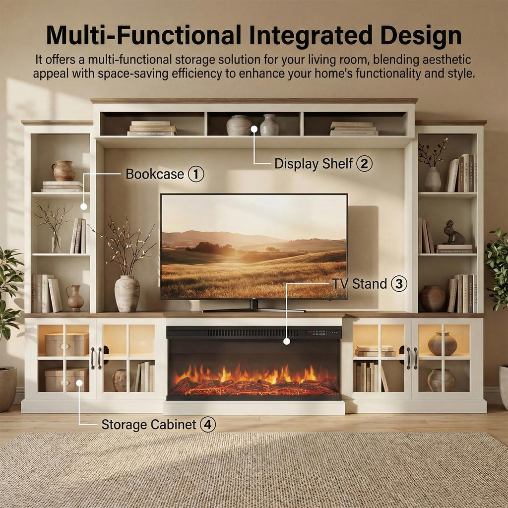 White Farmhouse TV Stand with Fireplace, Entertainment Center, 98" Wall Unit Media Console with Bookshelf, Cabinet &