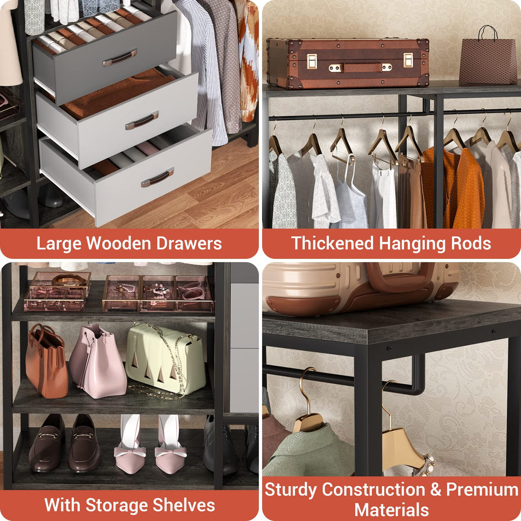 Wood Clothes Rack Wardrobe Organizer for Hanging Clothes, Heavy Duty Garment Rack, Large Corner L Shaped Closet
