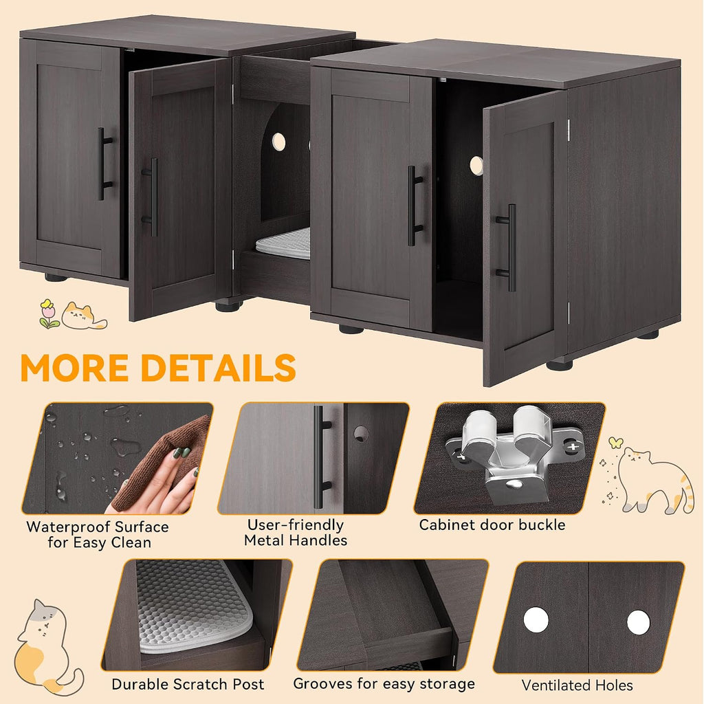 Cat Litter Box Enclosure with Double Room, Walnut