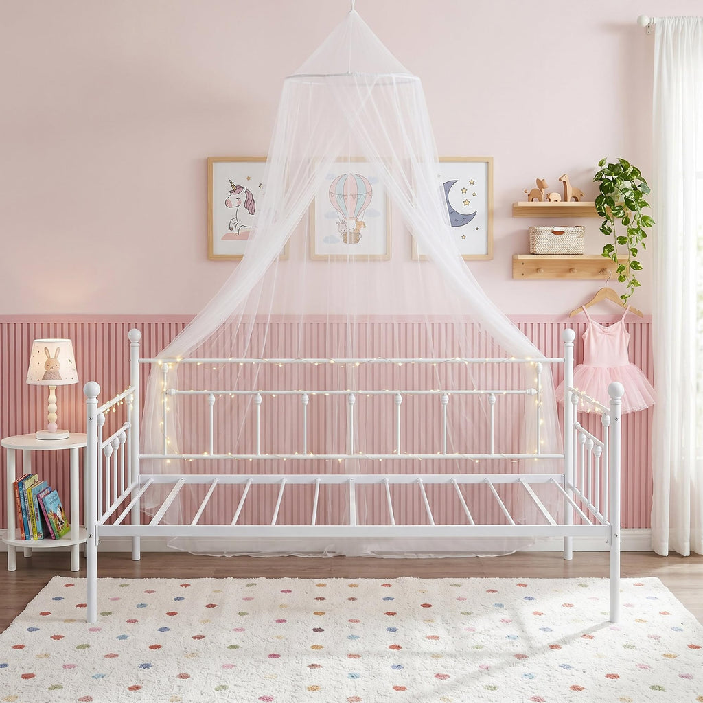 Twin Size Daybed Frame Metal Steel Slat Support with Headboard Sofa Bed Platform, Guest Room, Easy Assembly, White