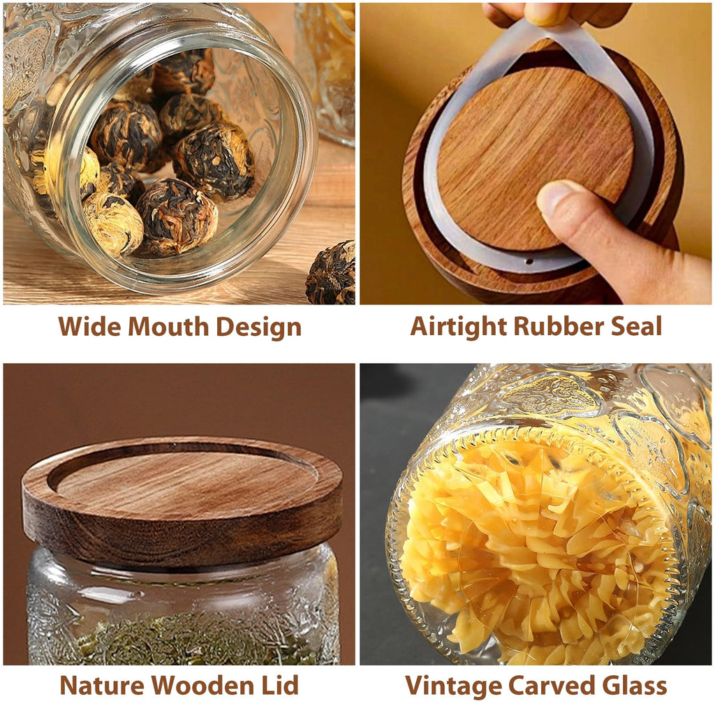 4-Pack 24 OZ Vintage Glass Jar with Lid, Airtight Food Storage Canisters with Bamboo Counter Pantry, Ideal for