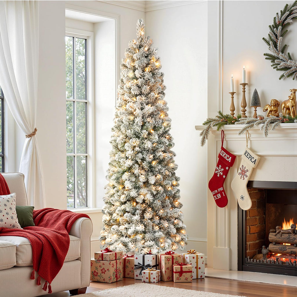 7ft Prelit Snow Flocked Artificial Slim Pencil Christmas Tree