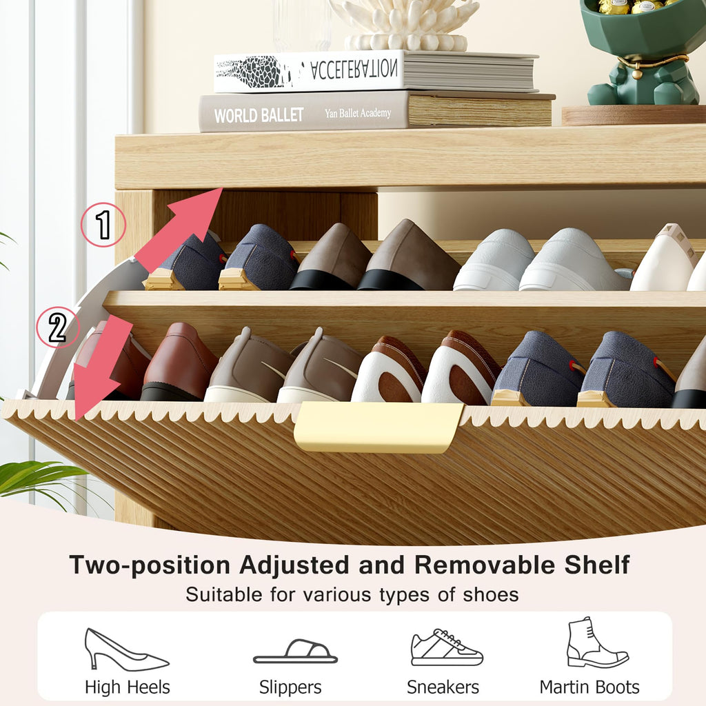 2-Tier Flip Drawer Shoe Cabinet, Hidden Narrow Shoe Rack Cabinet, Natural X2
