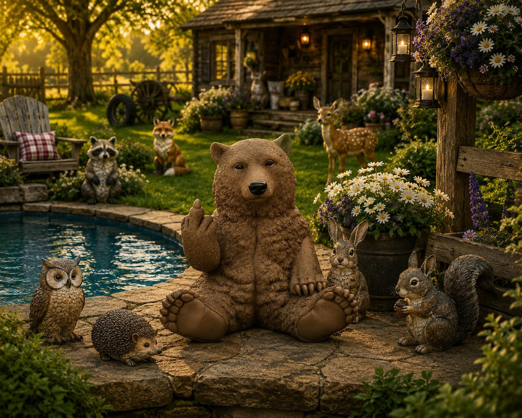 12" Hilarious Papa Bear Middle Finger Statue - Outdoor Decor
