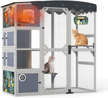 4-Tier Wooden Outdoor Catio Enclosure, Weatherproof Playpen with Asphalt Roof, 3 Lounges & 3 Platforms