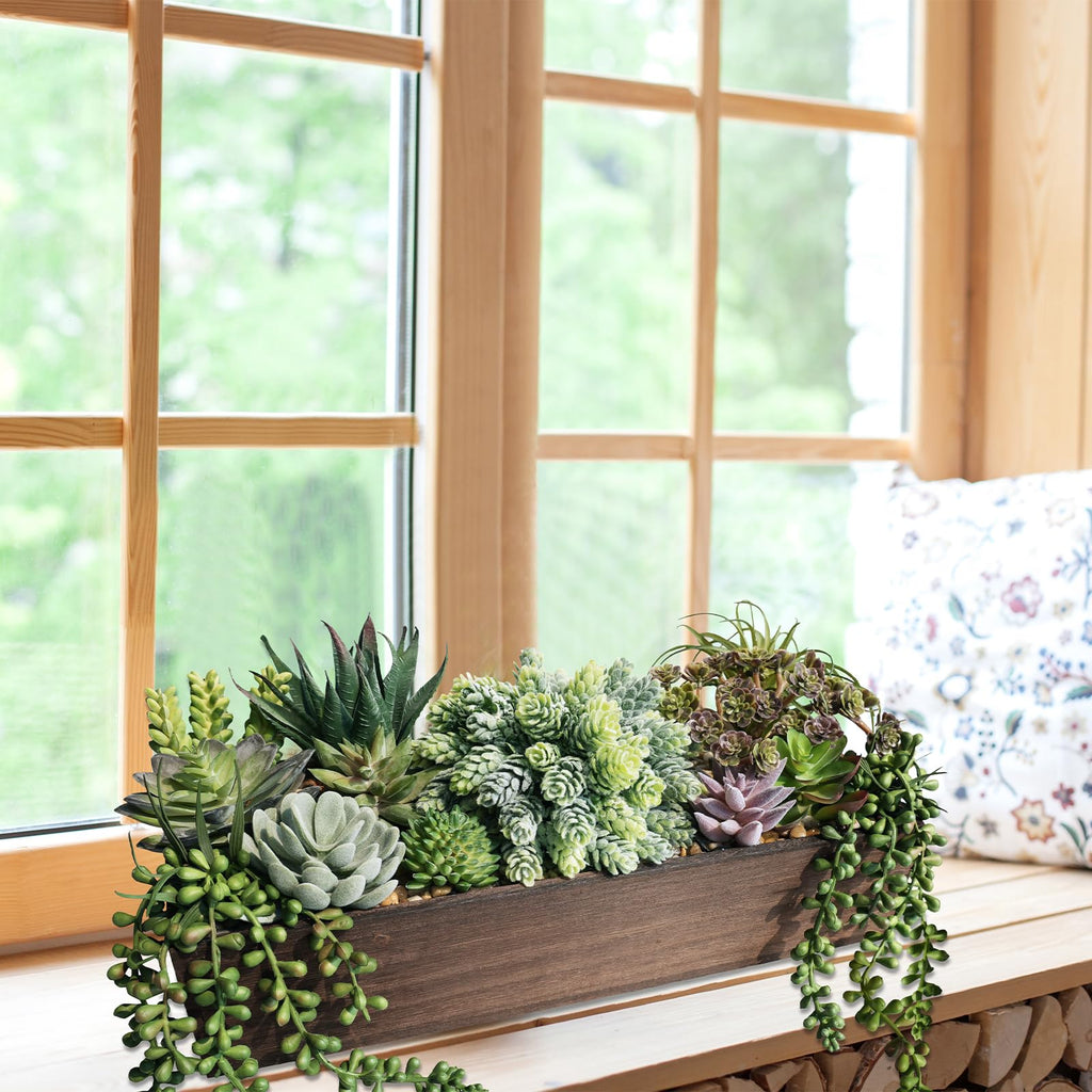 Artificial Succulent Arrangement 15" Assorted Succulents Plants in Brown Rectangular Wooden Box Faux Potted