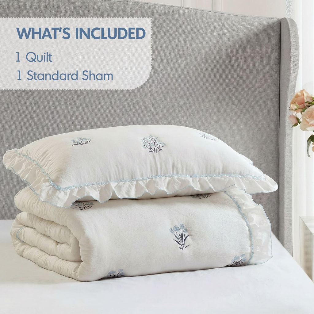 Floral Ruffle Ultra Soft Blue Quilt Set, 2pc