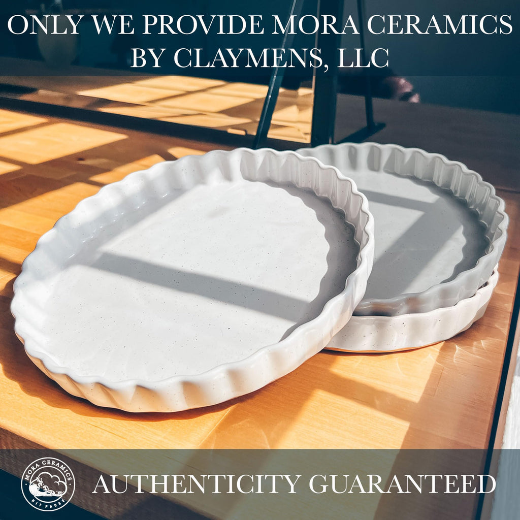 Ceramic Tart Pan, 9.5 Inch Large Porcelain Baking Dish for Tarts, Quiche, Pie, Flan etc. Fluted Ruffled Edge, Oven