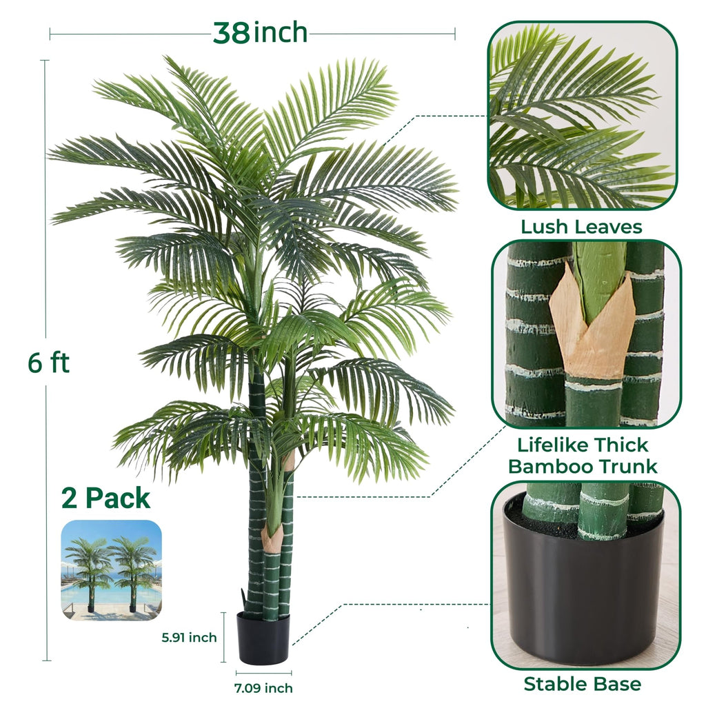 6FT Artificial Golden Cane Palm Tree with 3 Trunks, Set of 2