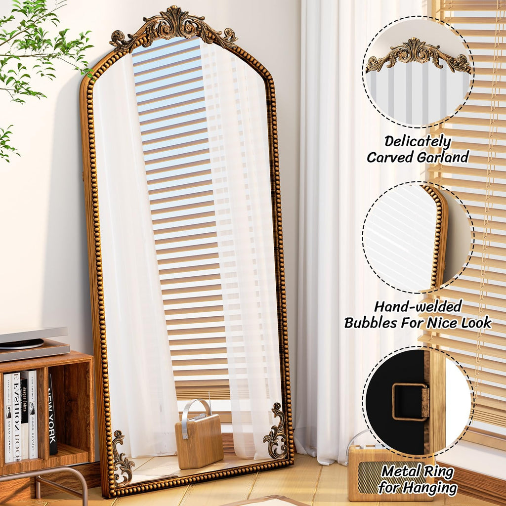 Gold Arched Full Length Mirror 71"×32", Large Traditional Vintage Baroque Inspired Floor Mirror, Ornate Antiqued