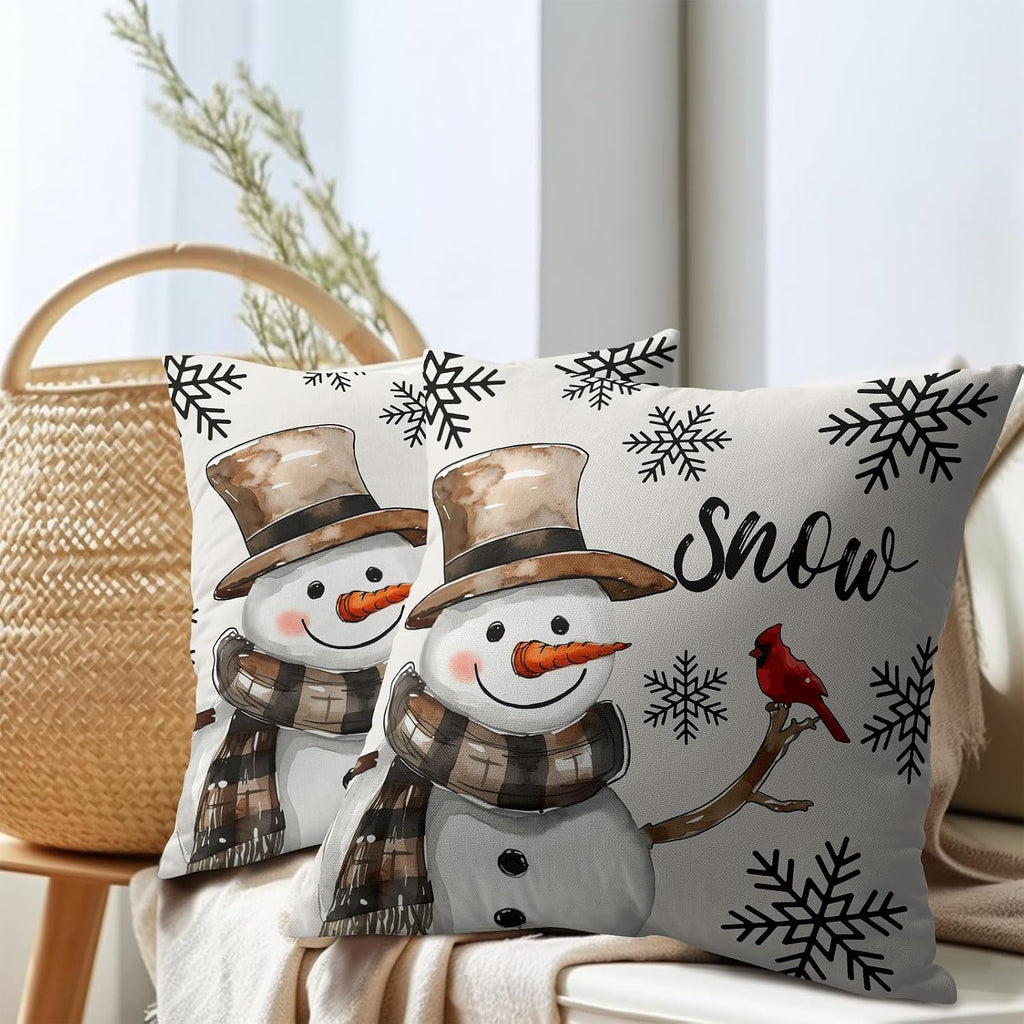 Snowman Throw Pillow Cover Christmas Pillowcase 18x18 Inch Snowflake and Red Cardinal Bird Decorative - Set of 2