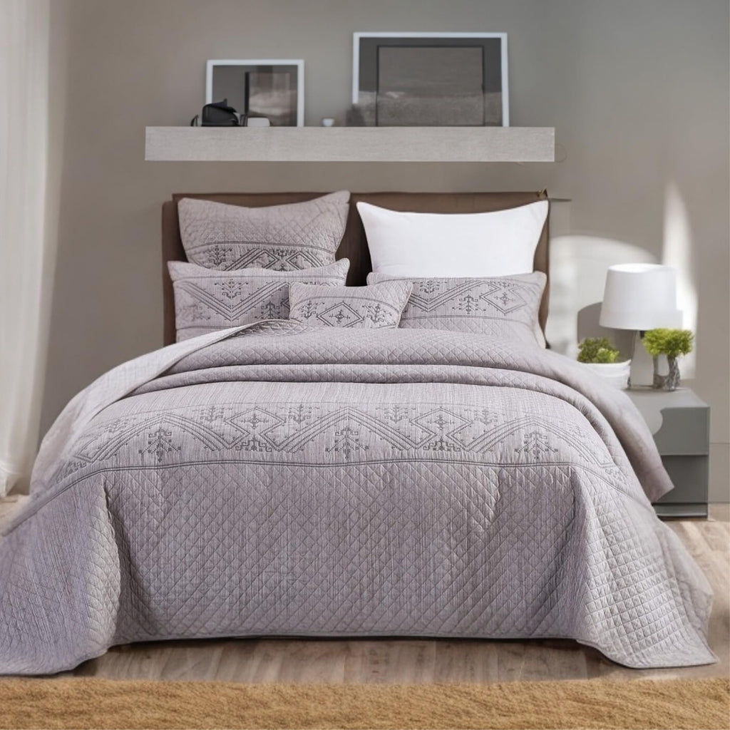 Twin 2-Piece Quilt Set, Heather Grey Embroidered Bedspread