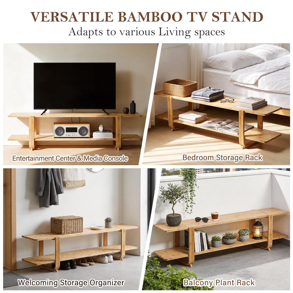 Wood Bamboo TV Stand for 55-Inch TVs, 2 Open Shelves, Modern Console