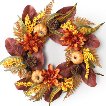 Fall Wreaths for Front Door - 24 Inch Outdoor Silk Fall Wreath with Pumpkin, Dahlia, Magnolia Leaves, Fern - Large