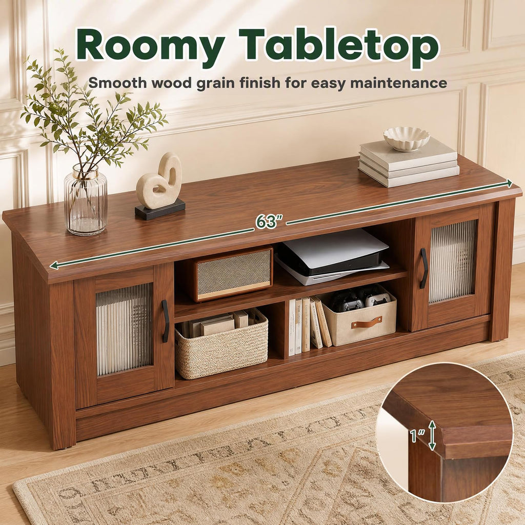63" Farmhouse TV Stand for 70 inch TV with 2 Fluted Doors (Oak)