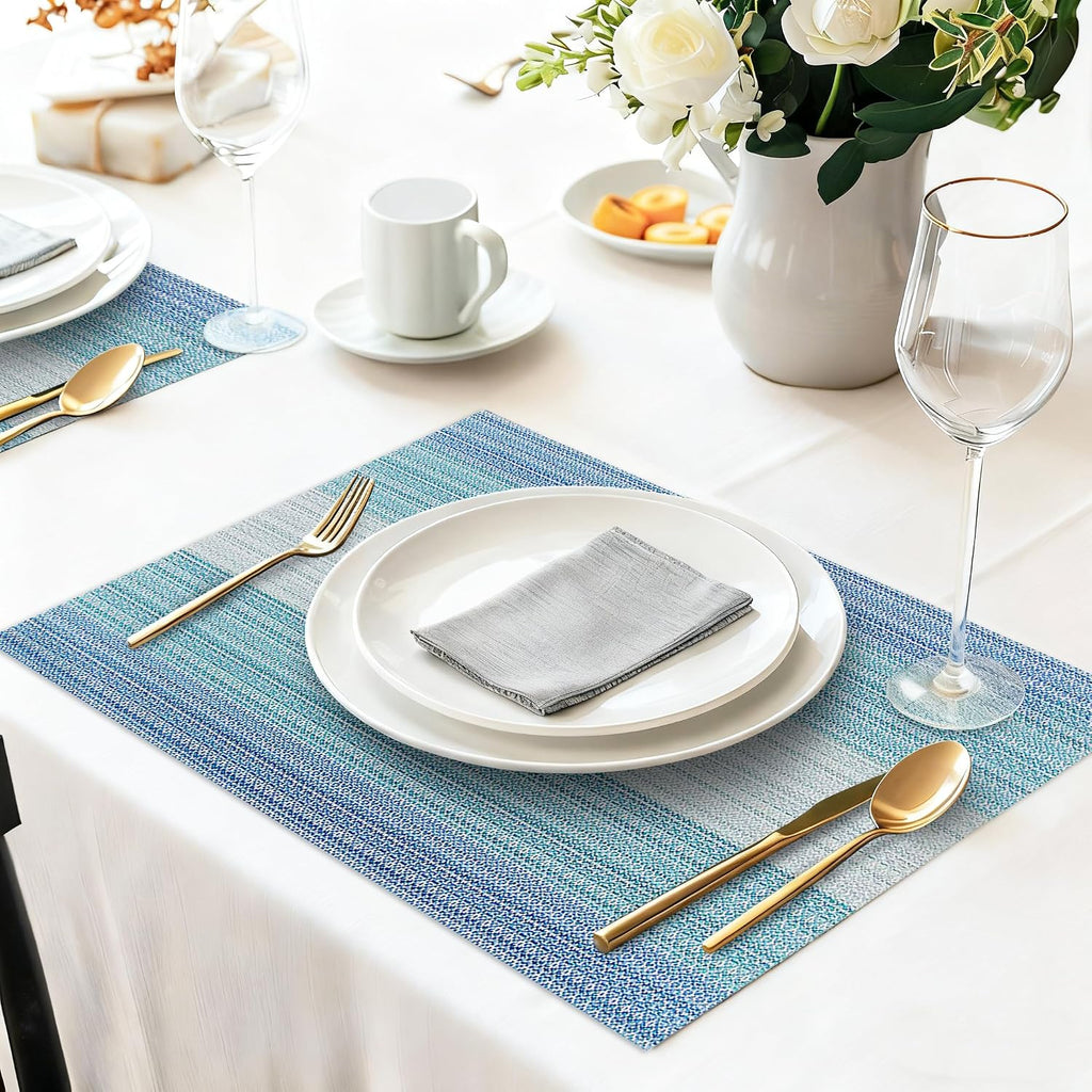 Blue Placemats,Stain-Resistant Kitchen Table Mats Washable Placemats Crossweave Woven Vinyl Placemat Dining - Set of 6