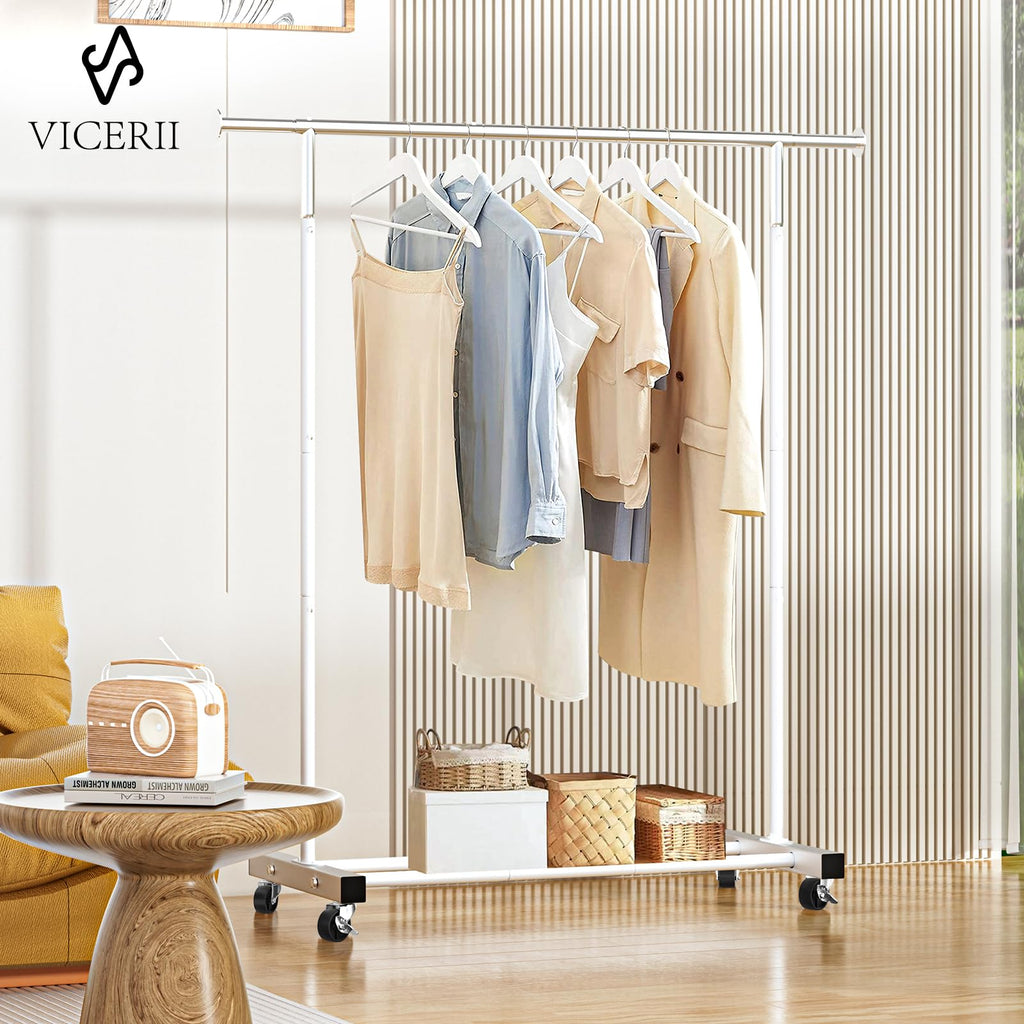 Clothing Rack, 55.51 Inch Heavy Duty Clothes Rack Rolling Garment Rack with Wheels and Bottom Shelf, 130LB Capacity