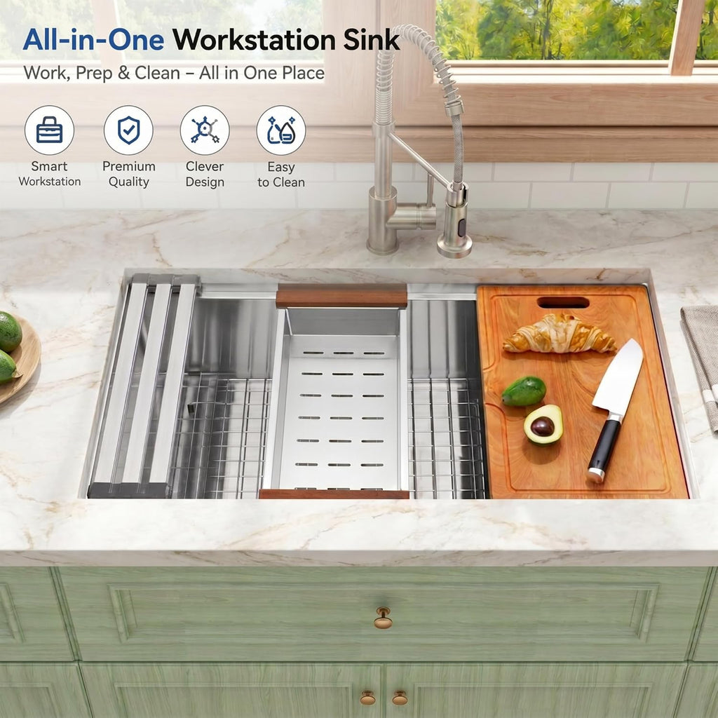 Undermount Kitchen Sink 32 inch,16 Gauge Stainless Steel Workstation Sinks,Large Single Bowl Kitchen Sink Offset