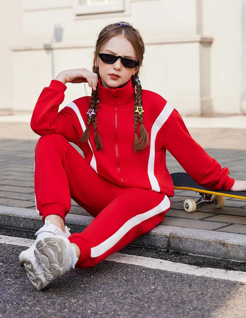 Girl's 2 Piece Outfits Zip Up Sweatsuit Contrast Striped Tracksuit