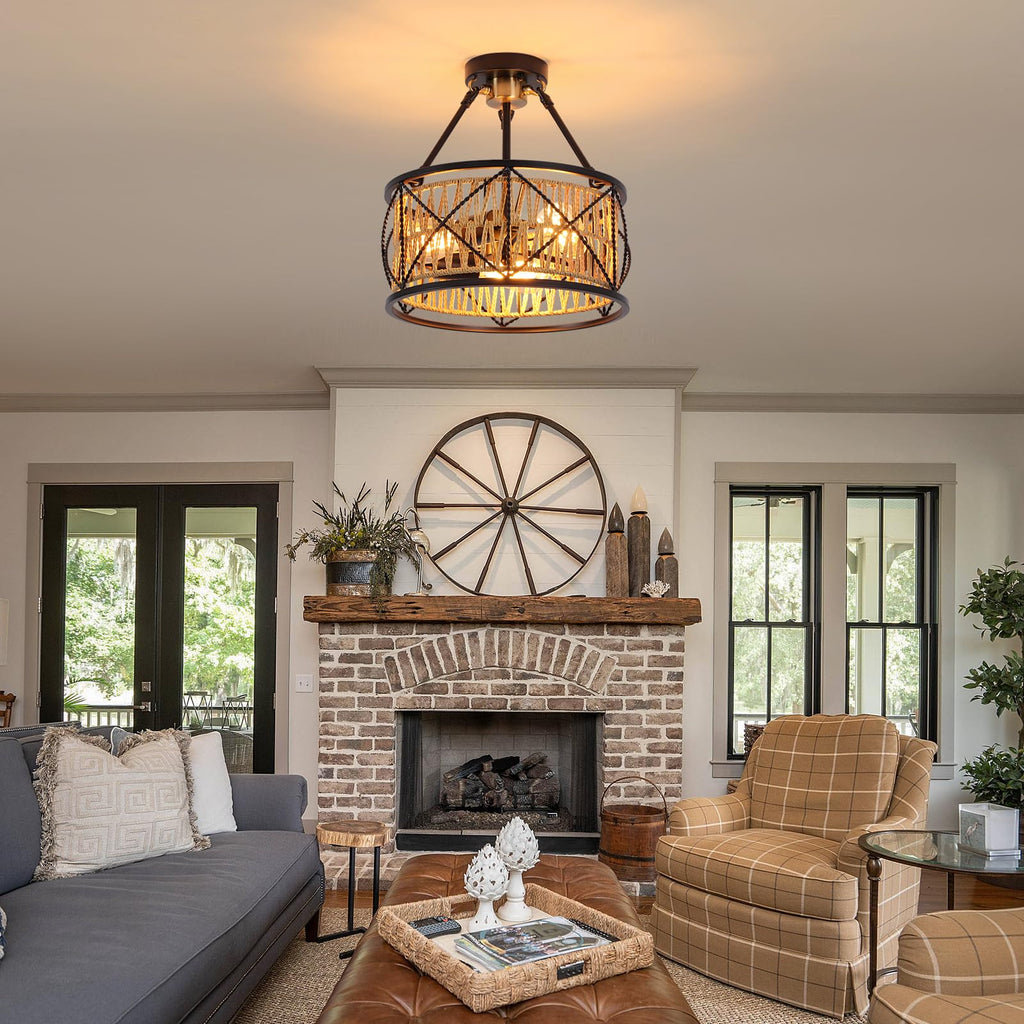 3-Light Hand Woven Boho Ceiling Light, Farmhouse Industrial Dual Round Semi Flush Mount Chandelier, Black Gold Rattan