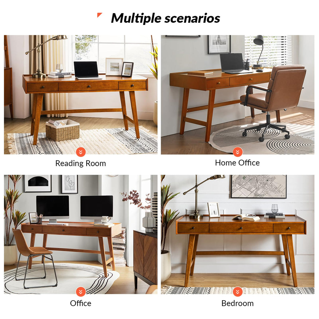Office Desk with 3 Drawers & Solid Wood Legs, Writing Table with Charging Station & Cable Management, Mid