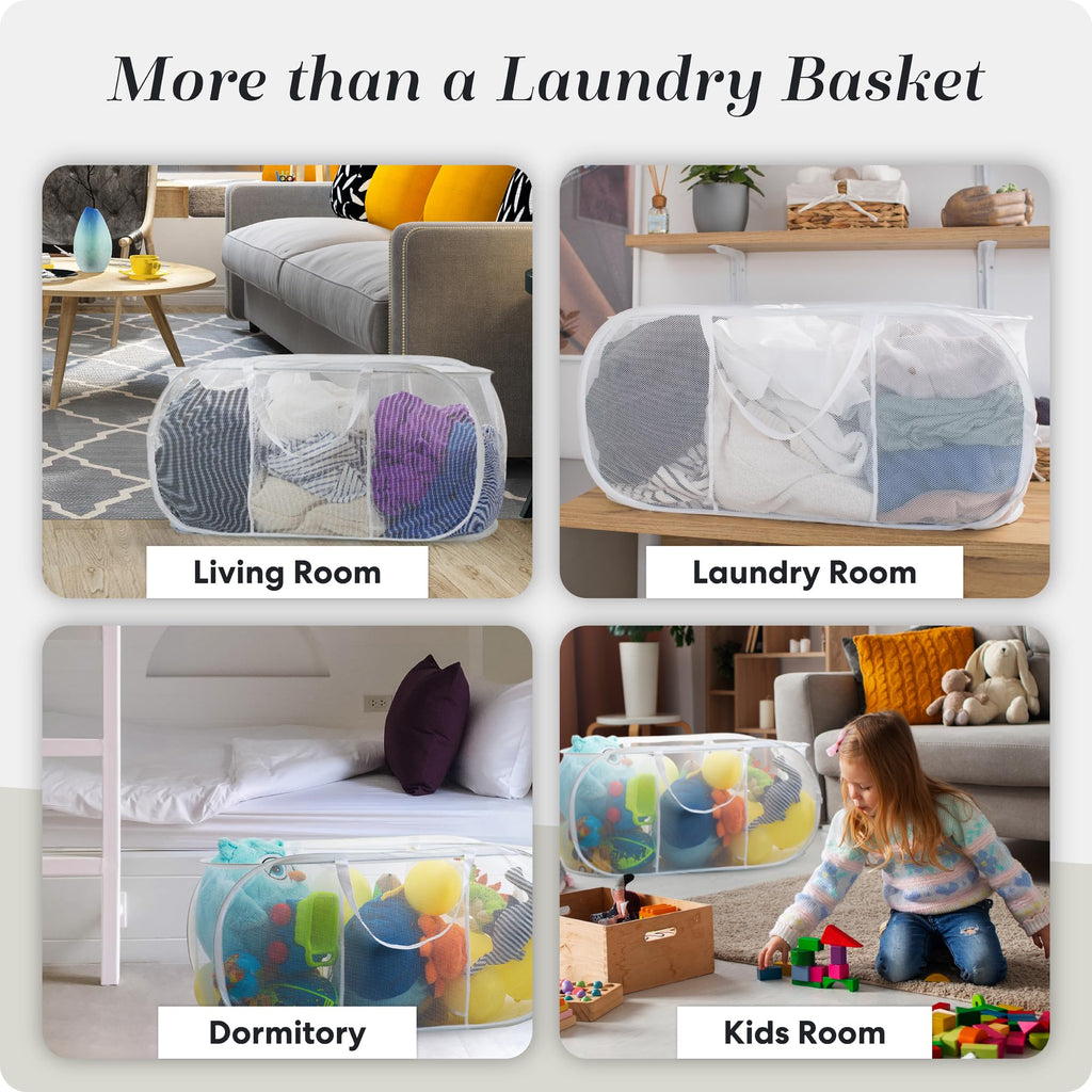 Collapsible Laundry Basket, 3-Compartment Mesh Laundry Sorter, Foldable Pop Up Hamper with Handles, Space-Saving