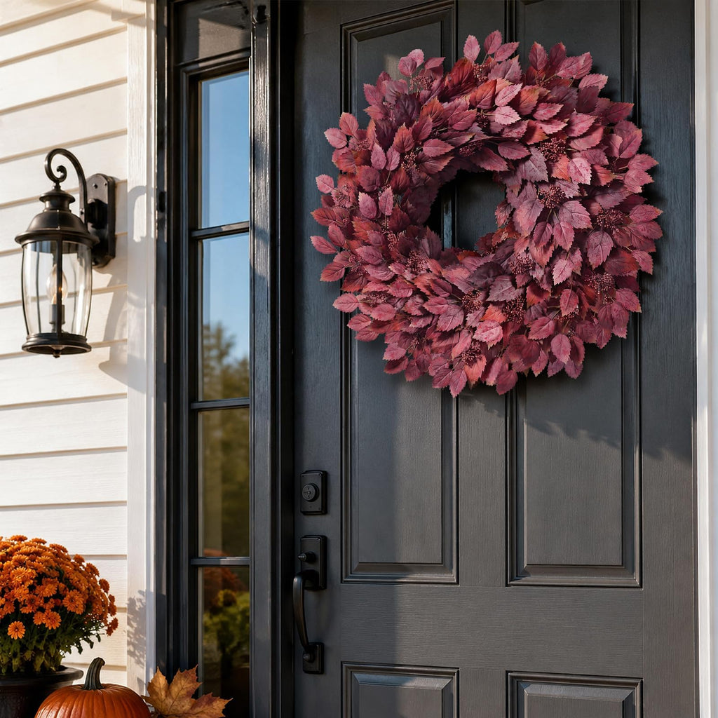 26" Artificial Hibiscus Leaves Fall Wreath for Front Door Decor(Autumn Red)