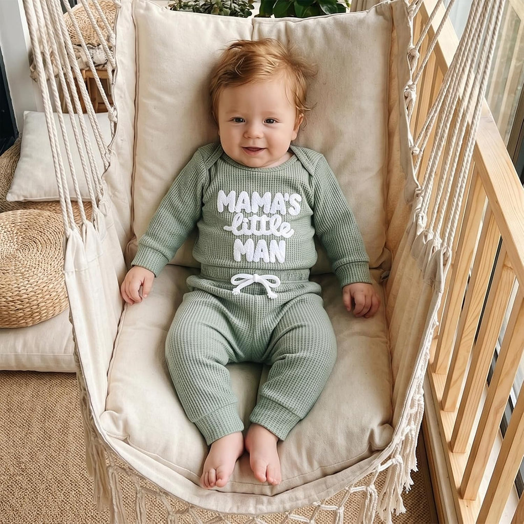 Waffle Knit Baby Boy Clothes Letters Embroidered Romper Pants Set