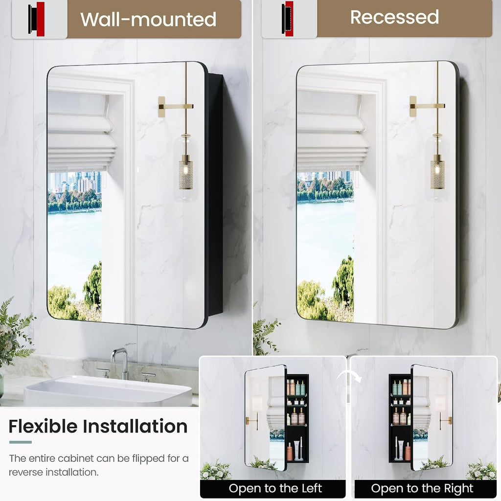 20x30 Black Medicine Cabinet with Mirror, Recessed & Surface Mount | Bathroom mirror with storage: 6 adjustable