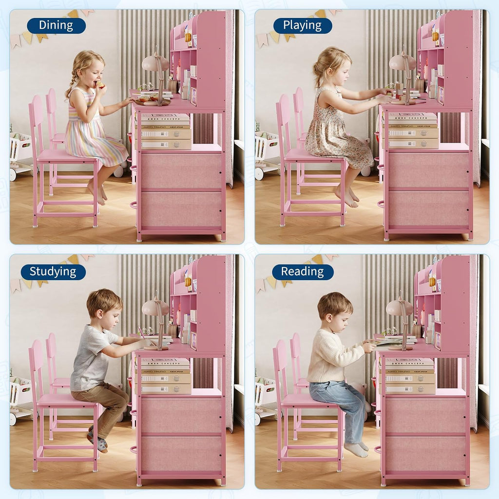 69" Double Kids Desk and Chair Set with Hutch & 4 Storage Drawers
