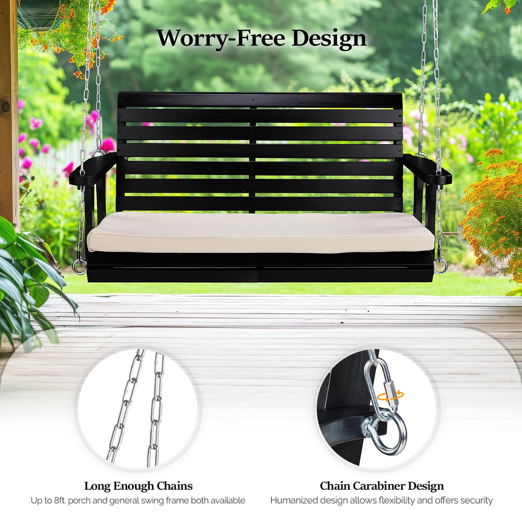 4 FT Heavy Duty Porch Swing with Cushion, 880 LBS Wooden, Black