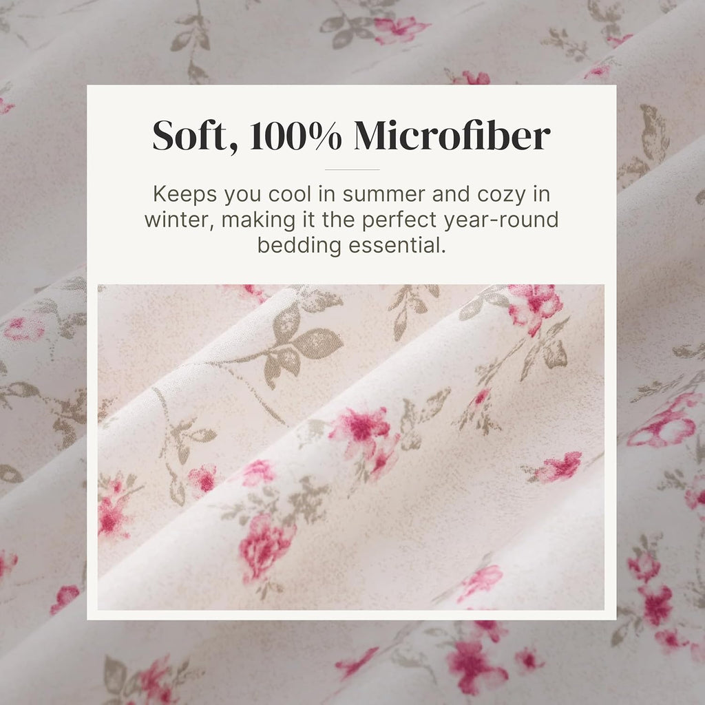4-Piece Ultra Soft Microfiber Bed Sheets Set, Wrinkle Free Sheets with Deep Pockets Fitted Sheet, Flat Sheet & Pillowcases, Lightweight Breathable Bedding, Floral Rose, Queen