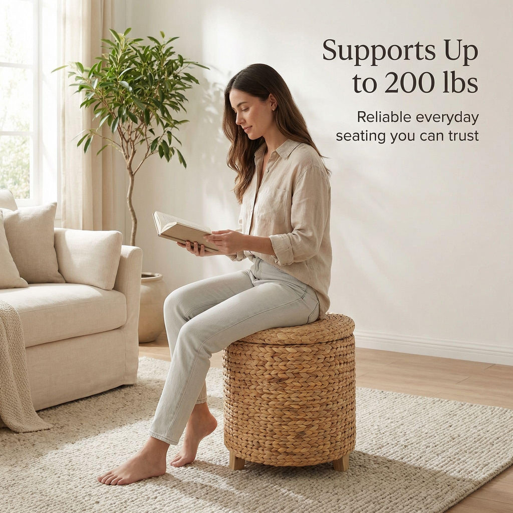 TM Round Ottoman with Storage Water Hyacinth Wicker Ottoman with Lid