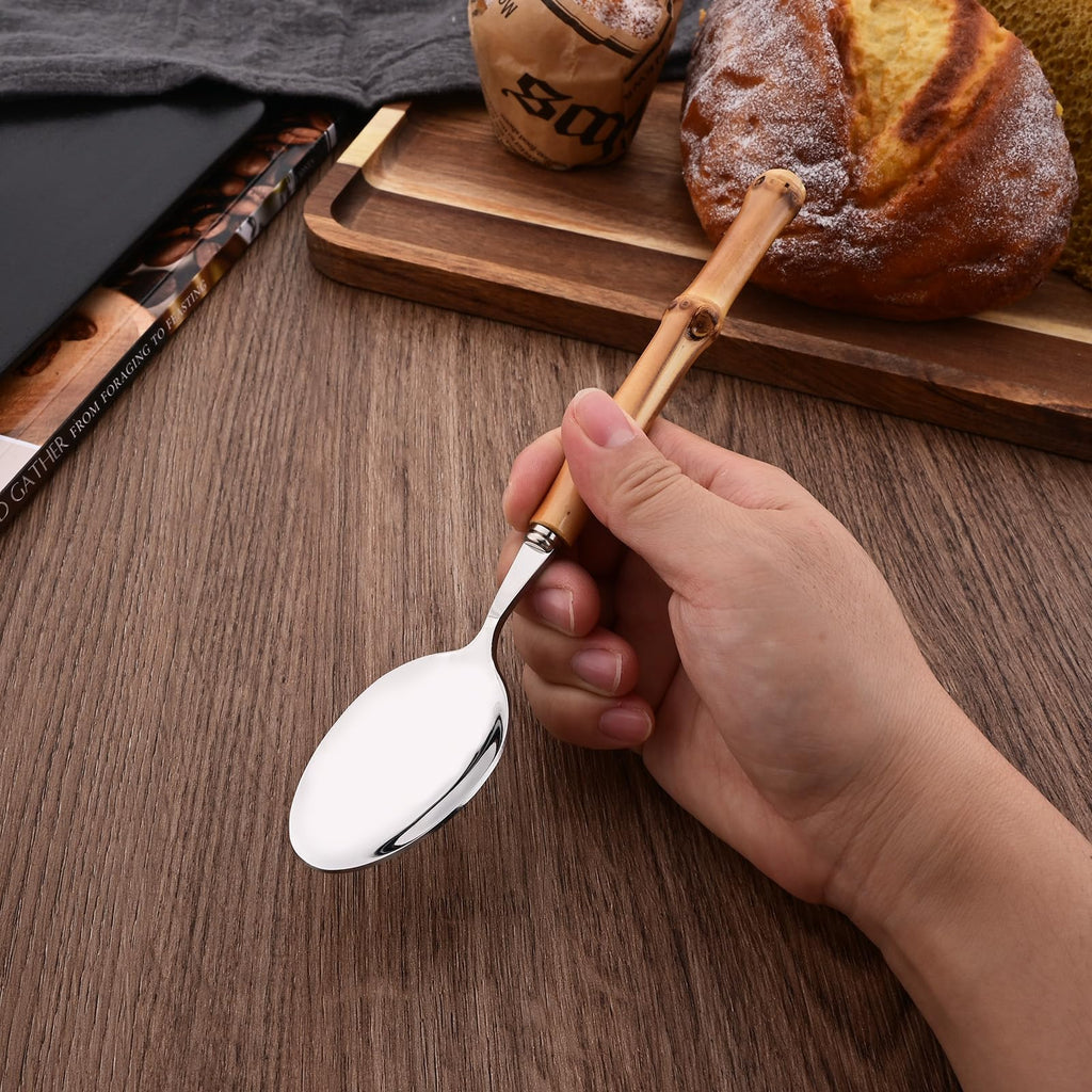 Bamboo Handle Silverware Set, 24-Piece Flatware Set for 6, Stainless Steel Cutlery Eating Utensils Include Forks