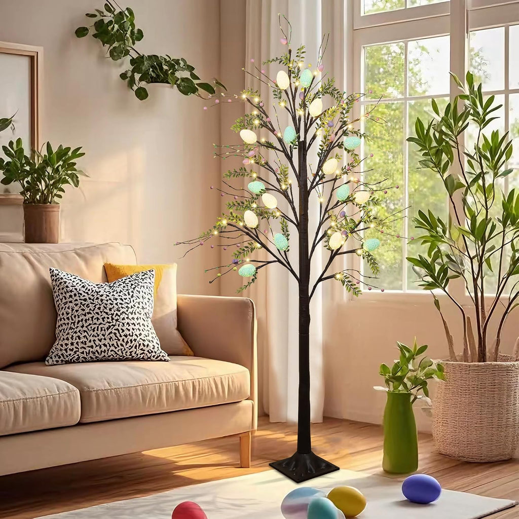 5FT Lighted Easter Tree with Timer, Easter Decorations & Porch, Pre-Lit Egg Trees with LED Lights & Colorful Eggs