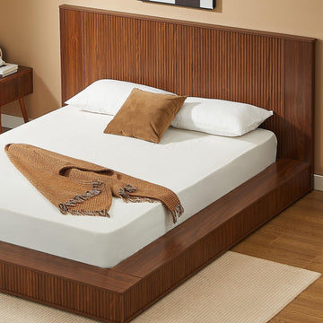 Japanese Wooden Floor Bed Frame Queen with Walnut Headboard