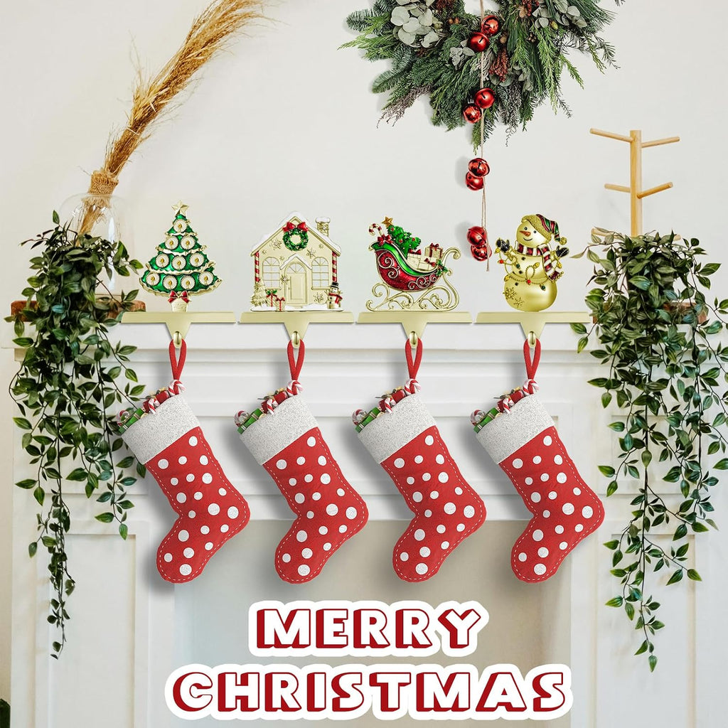 4 Pack Christmas Stocking Holder Set for Mantle Christmas Decorations Mantle Fireplace Topper-House, Sleigh,Snowman