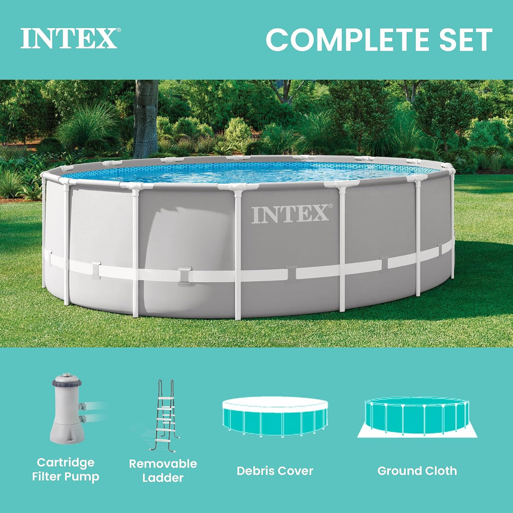 Prism Frame 15ft x 48in Round Above Ground Swimming Pool Set Bundle | 26725EH - 1000 GPH Filter Pump, Ladder, Pool