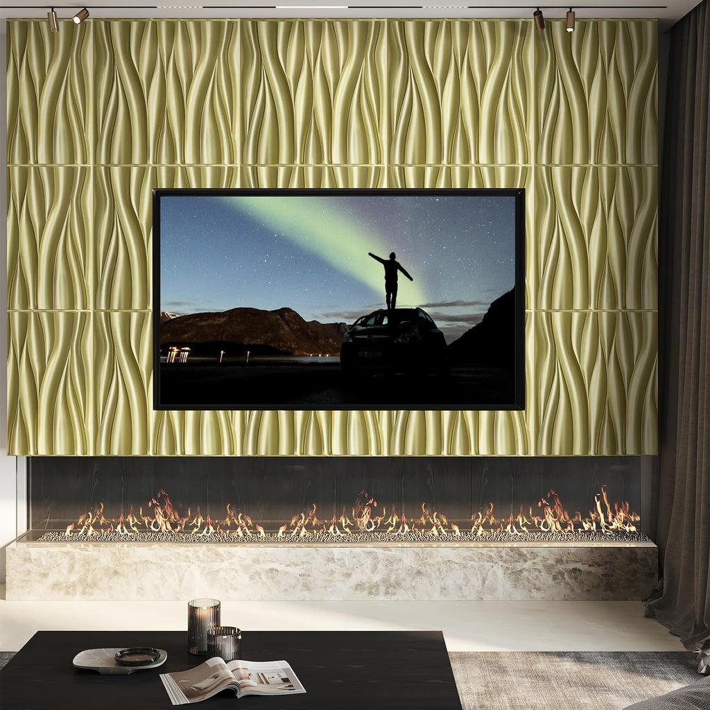 3D Wall Panels, Champaign Gold Wave Design, 19.7''x19.7''