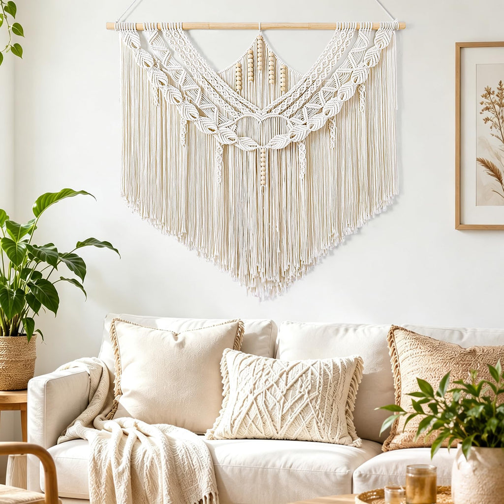 Macrame Wall Hanging Large Boho Chic Woven Tapestry Beige Tassels